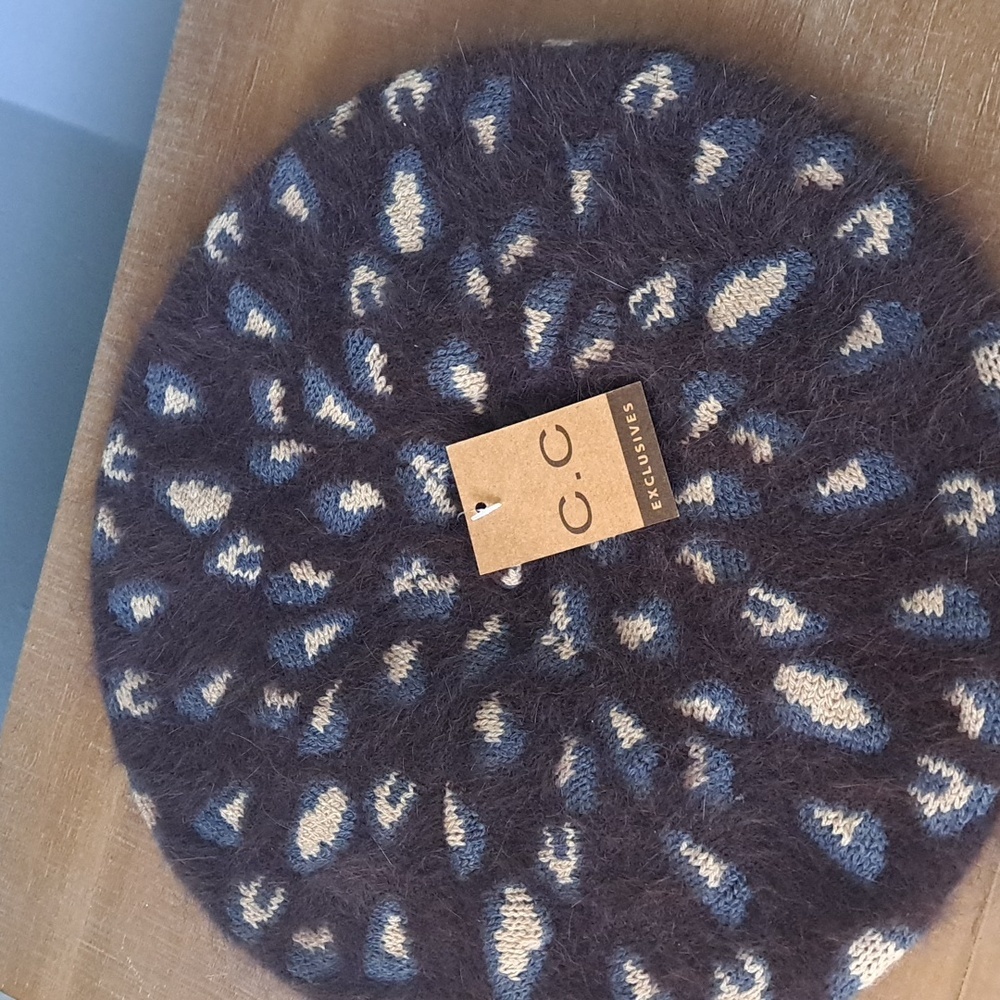 C.C Brown/Grey/Cream Cony Hair And Wool Blend Animal Print Hat/Beret - Picture 7 of 7